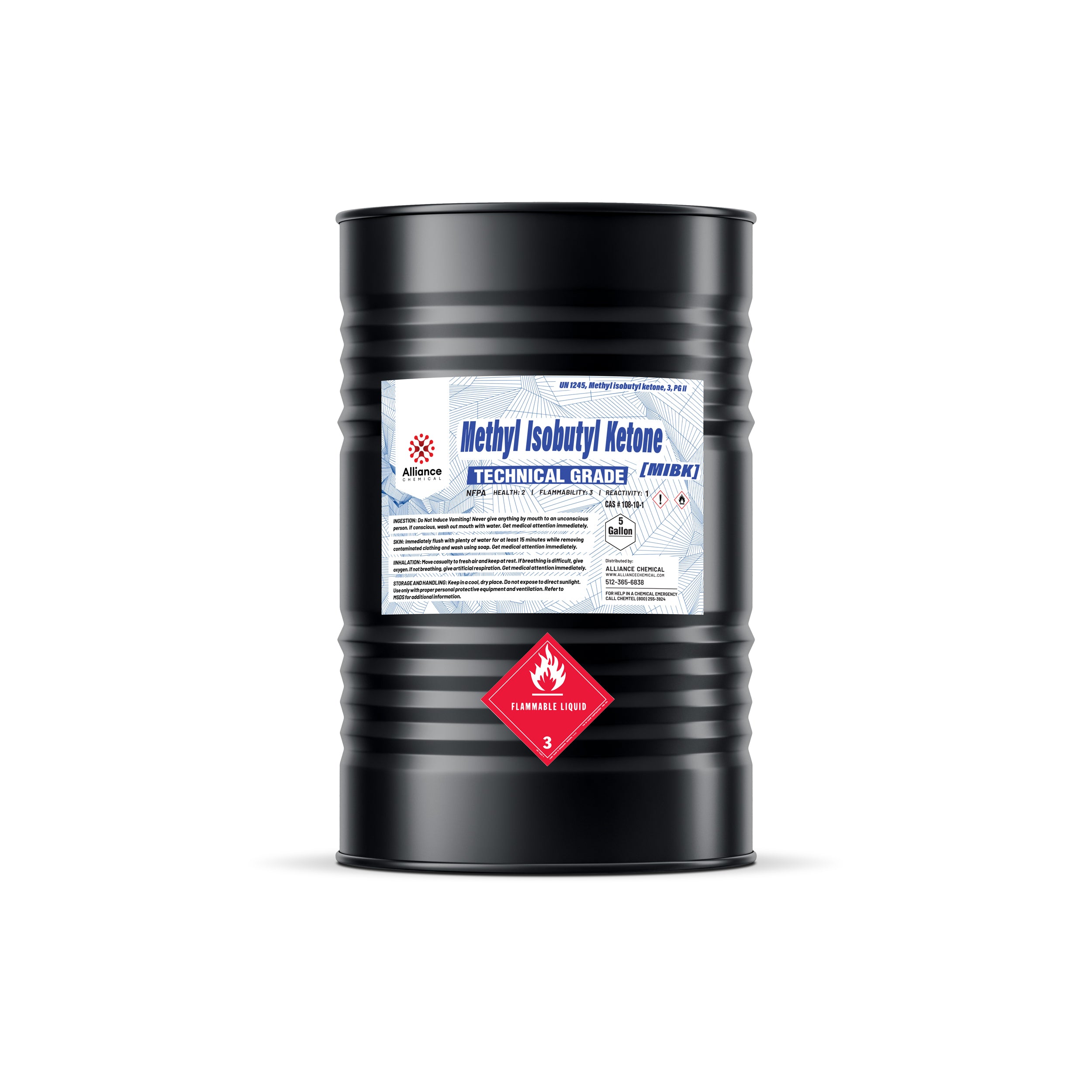 55-gallon black drum of Technical Grade Methyl Isobutyl Ketone (MIBK) with Alliance Chemical label and Class 3 Flammable Liquid warning diamond.